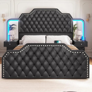 "Platform Bed Frame with Storage Drawers, Charging Station, LED Lights & Nightstand