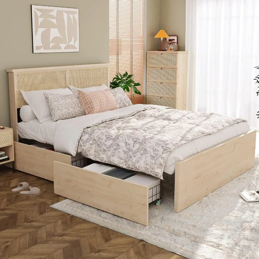 Natural Rattan Headboard Bed with 4 Drawers, Sturdy Metal & Wood Slat Platform Frame
