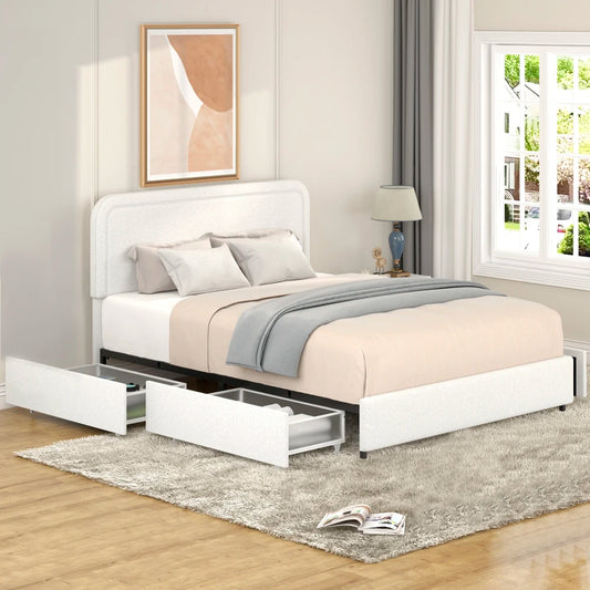 Upholstered Platform Bed with 4 Drawer Storage and Wooden Slat Support