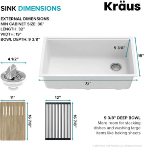 32" Granite Composite White Kitchen Sink - Single Bowl with Accessories, KGUW1-33WH