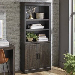 5 Shelf Bookcase with Doors - Dark Oak Finish, Elegant Storage for Home Décor