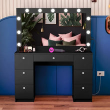 Load image into Gallery viewer, Black Vanity Makeup Desk w/Mirror, Lights, 7 Drawers - Large, Non-Glass Top