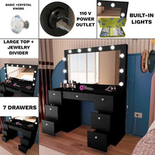 Load image into Gallery viewer, Black Vanity Makeup Desk w/Mirror, Lights, 7 Drawers - Large, Non-Glass Top