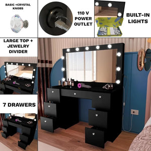 Black Vanity Makeup Desk w/Mirror, Lights, 7 Drawers - Large, Non-Glass Top