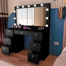 Load image into Gallery viewer, Black Vanity Makeup Desk w/Mirror, Lights, 7 Drawers - Large, Non-Glass Top