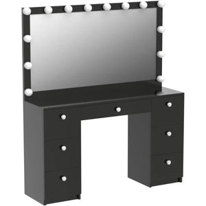 Black Vanity Makeup Desk w/Mirror, Lights, 7 Drawers - Large, Non-Glass Top