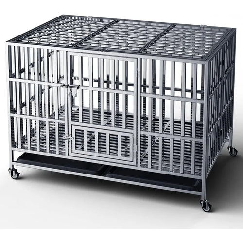 Heavy Duty Stainless Steel Dog Cage, Foldable, Lockable Wheels, Tray, Indoor