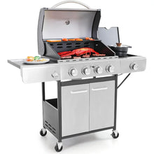 Load image into Gallery viewer, 4-Burner Propane BBQ Grill: 42,000 BTU, Side Burner, Porcelain Cast Iron Grates