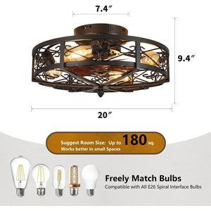 Farmhouse 20" Flush Mount Ceiling Fan, Bladeless Low Profile with Light & Remote