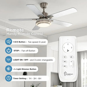 52" Brushed Nickel Ceiling Fan - Remote Control, Dimmable LED Lights