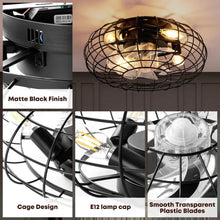 Load image into Gallery viewer, 16&quot; Caged Ceiling Fan with Lights - Remote Control, Small Industrial Style