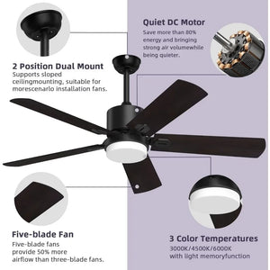 52" Ceiling Fan with Adjustable Light & 6 Speeds - Reversible DC Motor for Patio