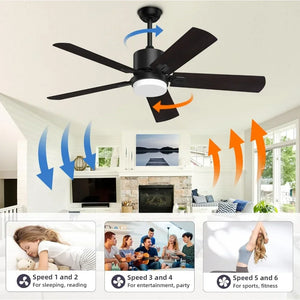 52" Ceiling Fan with 6-Speed Reversible DC Motor - Adjustable Light, 5 Blades