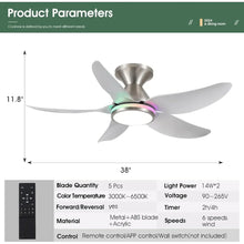 Load image into Gallery viewer, Smart Ceiling Fan with Lights - 38&quot; Low Profile, Remote/App, Dimmable White + RGB