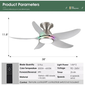 Smart Ceiling Fan with Lights - 38" Low Profile, Remote/App, Dimmable White + RGB