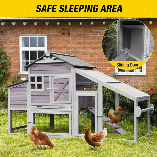 "Portable Chicken Coop 73” Outdoor Wooden Poultry Cage with Wheels, Leak-Proof