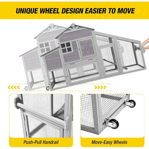 "Portable Chicken Coop 73” Outdoor Wooden Poultry Cage with Wheels, Leak-Proof