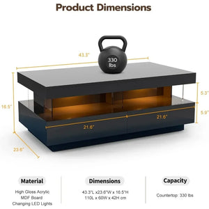 Coffee Table w/ 16-Color LED Lights | 2 Storage Drawers, Open Design Space