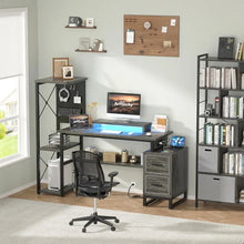 Load image into Gallery viewer, 53&quot; Reversible Home Office Desk, 2 Fabric Drawers, Power Outlet &amp; LED Lights