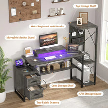 Load image into Gallery viewer, 53&quot; Reversible Home Office Desk, 2 Fabric Drawers, Power Outlet &amp; LED Lights