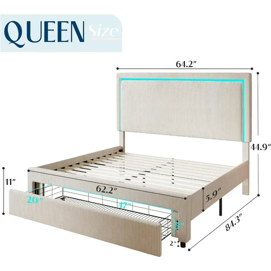 "Queen Size Corduroy Bed Frame w/ LED Headboard & Storage Drawers - Upholstered