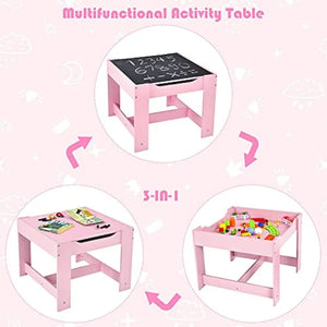 Wooden Kids Table and Chair Set, 3-in-1 Activity Table with Storage Drawer, Detachable Top