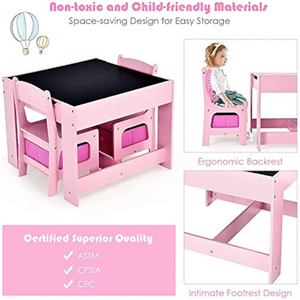 Wooden Kids Table and Chair Set, 3-in-1 Activity Table with Storage Drawer, Detachable Top