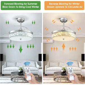 Crystal Ceiling Fan w/ Reversible Motor & Remote | Retractable Blades, Lights