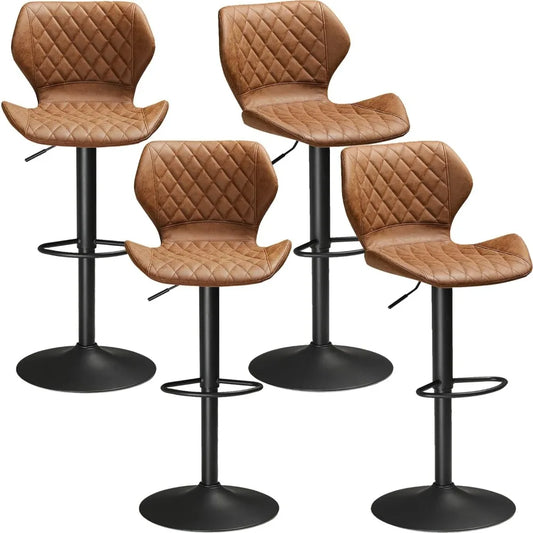 Brown Leather Bar Stools Set of 4, Adjustable Counter Height Barstools for Kitchen Island