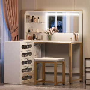 Corner Makeup Vanity Set, 48" L-Shaped White Vanity Desk with Lights, Mirror, Stool & 5 Acrylic Drawers