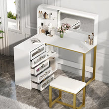 Load image into Gallery viewer, Corner Makeup Vanity Set, 48&quot; L-Shaped White Vanity Desk with Lights, Mirror, Stool &amp; 5 Acrylic Drawers