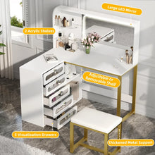 Load image into Gallery viewer, Corner Makeup Vanity Set, 48&quot; L-Shaped White Vanity Desk with Lights, Mirror, Stool &amp; 5 Acrylic Drawers