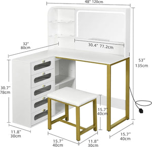 Corner Makeup Vanity Set, 48" L-Shaped White Vanity Desk with Lights, Mirror, Stool & 5 Acrylic Drawers