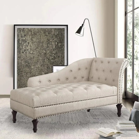 Elegant Nailhead Chaise Lounge Chair - Upholstered, Natural Beige, for Living Space