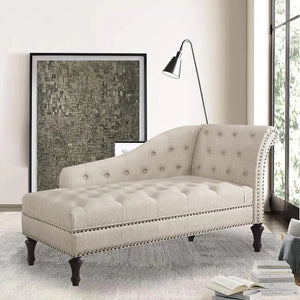 Natural Linen Upholstered Chaise Lounge with Stylish Nailhead Trim