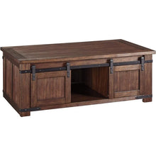 Load image into Gallery viewer, Rustic Farmhouse Coffee Table with Sliding Barn Doors - Brown Finish