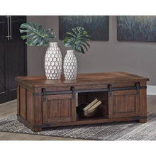 Load image into Gallery viewer, Rustic Farmhouse Coffee Table with Sliding Barn Doors - Brown Finish