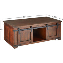 Load image into Gallery viewer, Rustic Farmhouse Coffee Table with Sliding Barn Doors - Brown Finish