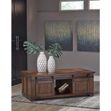 Load image into Gallery viewer, Rustic Farmhouse Coffee Table with Sliding Barn Doors - Brown Finish