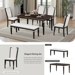 Modern 6 Piece Dining Table Set - Table, 4 High-Back Tufted Chairs & 1 Bench