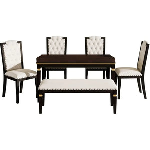 Modern 6 Piece Dining Table Set - Table, 4 High-Back Tufted Chairs & 1 Bench