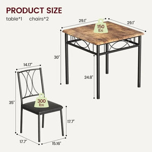 3 Pc Dining Table Set - Rustic Brown Kitchen Table and 2 Upholstered Chairs, Dining Room