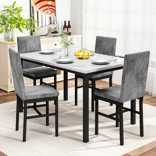 Faux Marble Dining Table Set - Dinner Table w/ 4 Velvet Upholstered Dining Chairs