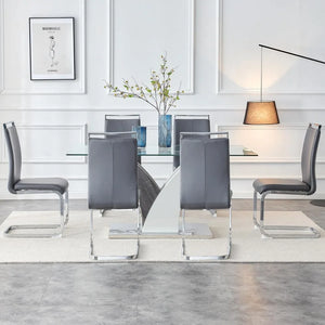 "Modern 63" Dining Table Set with 6 PU Leather Chairs & Rectangular Glass Top