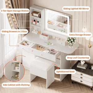 "Stylish Dresser Set with LED Lighted Mirror & Power Outlet - Storage & Stool