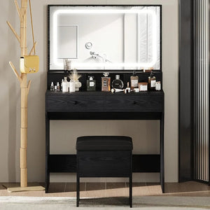 4-Drawer Bedroom Vanity Dresser | LED Lighted Mirror, Storage Bench, Power