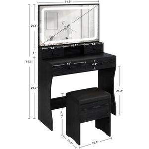 4-Drawer Bedroom Vanity Dresser | LED Lighted Mirror, Storage Bench, Power