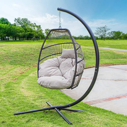 Beige Egg Chair w/ Soft Deep Cushion, Hanging Swinging Relaxing Luxury for Patio/Bedroom