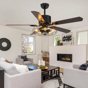 "Rustic Farmhouse Cage Ceiling Fan 52" – Industrial Style with 5 Flip Blades