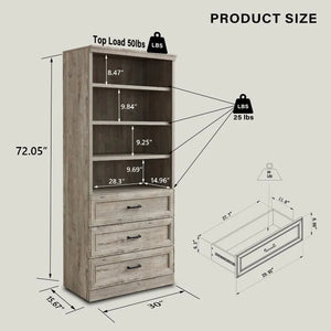 3-Drawer Farmhouse Kitchen Pantry, Adjustable Shelves, Light Rustic Oak Finish